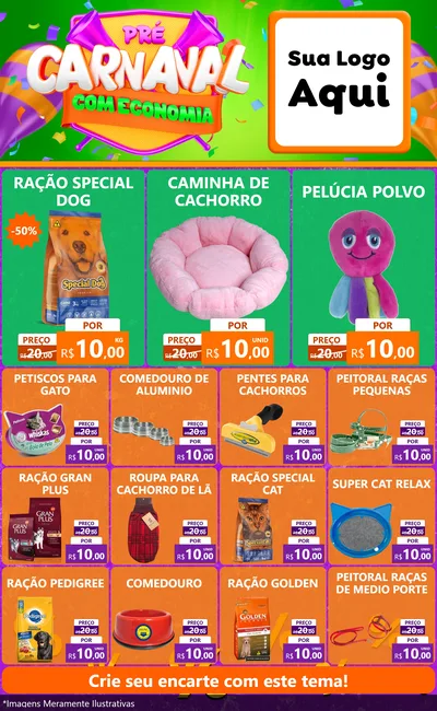Modelo de Encarte para Encarte Grande com o tema Pré-Carnaval Com Economia para Pet Shop