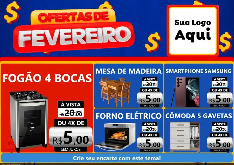 Modelo de Encarte para Encarte A4 Horizontal com o tema Ofertas de Fevereiro para Móveis e Eletro