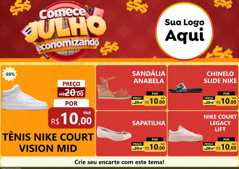 Modelo de Encarte para Encarte A4 Horizontal com o tema Comece Julho Economizando para Calçados