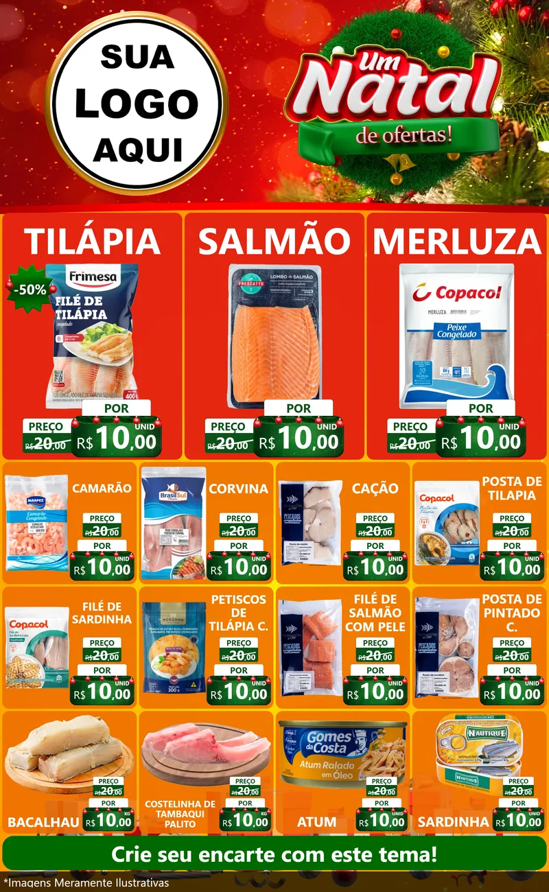 Modelo de Encarte para Encarte Grande com o tema Um Natal de Ofertas para Peixaria