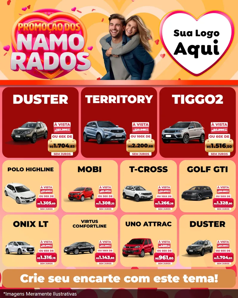 Modelo de Rede Social para Feed Instagram com o tema Promoção dos Namorados para Concessionaria de Carros