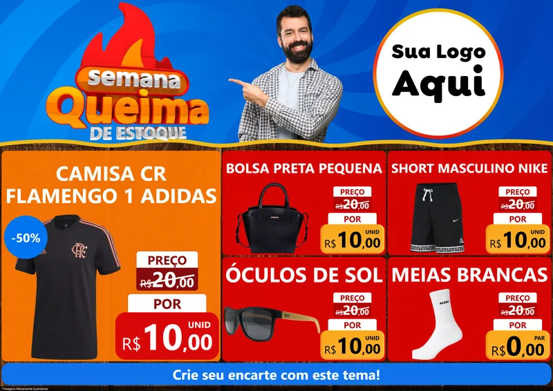 Modelo de Encarte para Encarte A4 Horizontal com o tema Semana Queima de Estoque para Roupas e acessórios