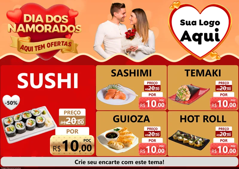 Modelo de Encarte para Encarte A4 Horizontal com o tema Dia dos Namorados - Aqui Tem Ofertas para Comida japonesa