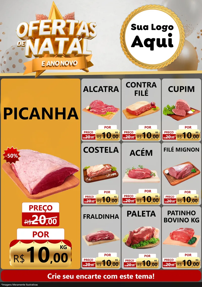 Modelo de Encarte para Encarte A4 Vertical com o tema Ofertas De Natal E Ano Novo para Açougue