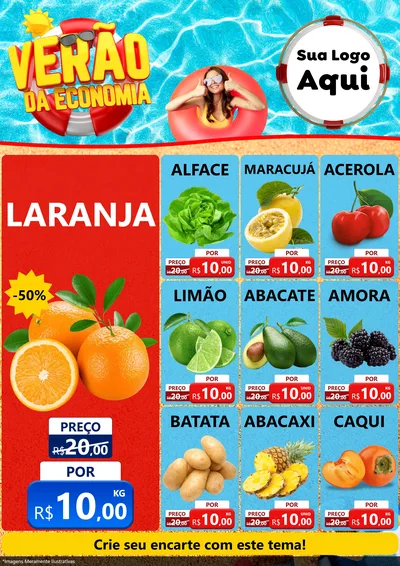 Modelo de Encarte para Encarte A4 Vertical com o tema Verão da Economia para Hortifrúti
