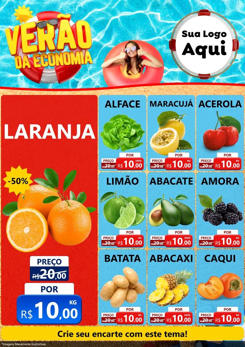 Modelo de Encarte para Encarte A4 Vertical com o tema Verão da Economia para Hortifrúti