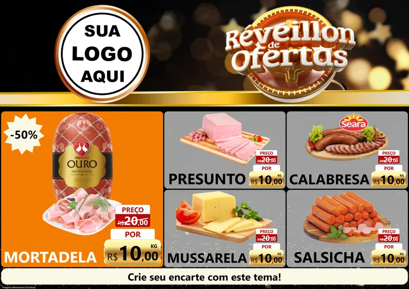 Modelo de Encarte para Encarte A4 Horizontal com o tema Réveillon de Ofertas para Frios e Laticínios