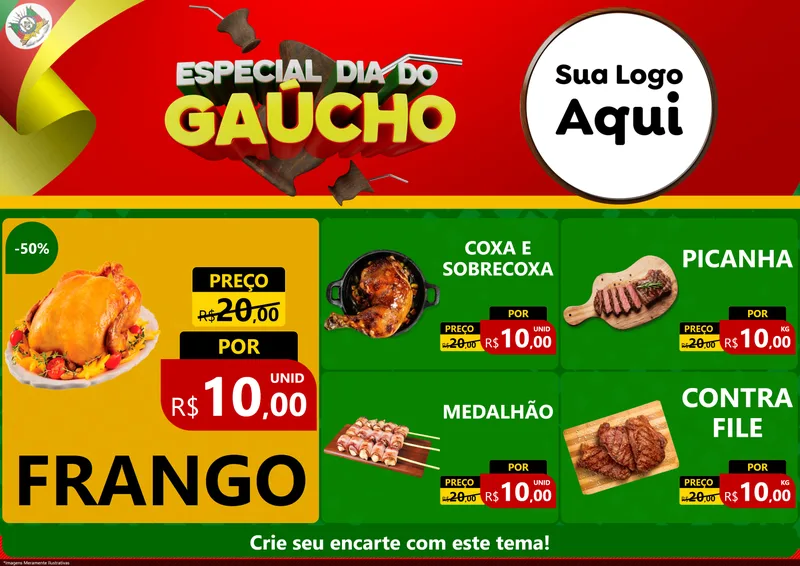 Modelo de Encarte para Encarte A4 Horizontal com o tema Especial Dia do Gaúcho para Assados