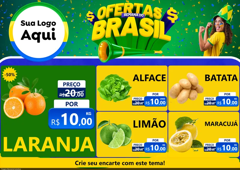 Modelo de Encarte para Encarte A4 Horizontal com o tema Ofertas Semana do Brasil para Hortifrúti