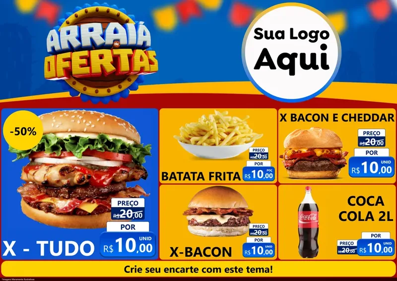 Modelo de Encarte para Encarte A4 Horizontal com o tema Arraiá de Ofertas - Junina para Hamburgueria