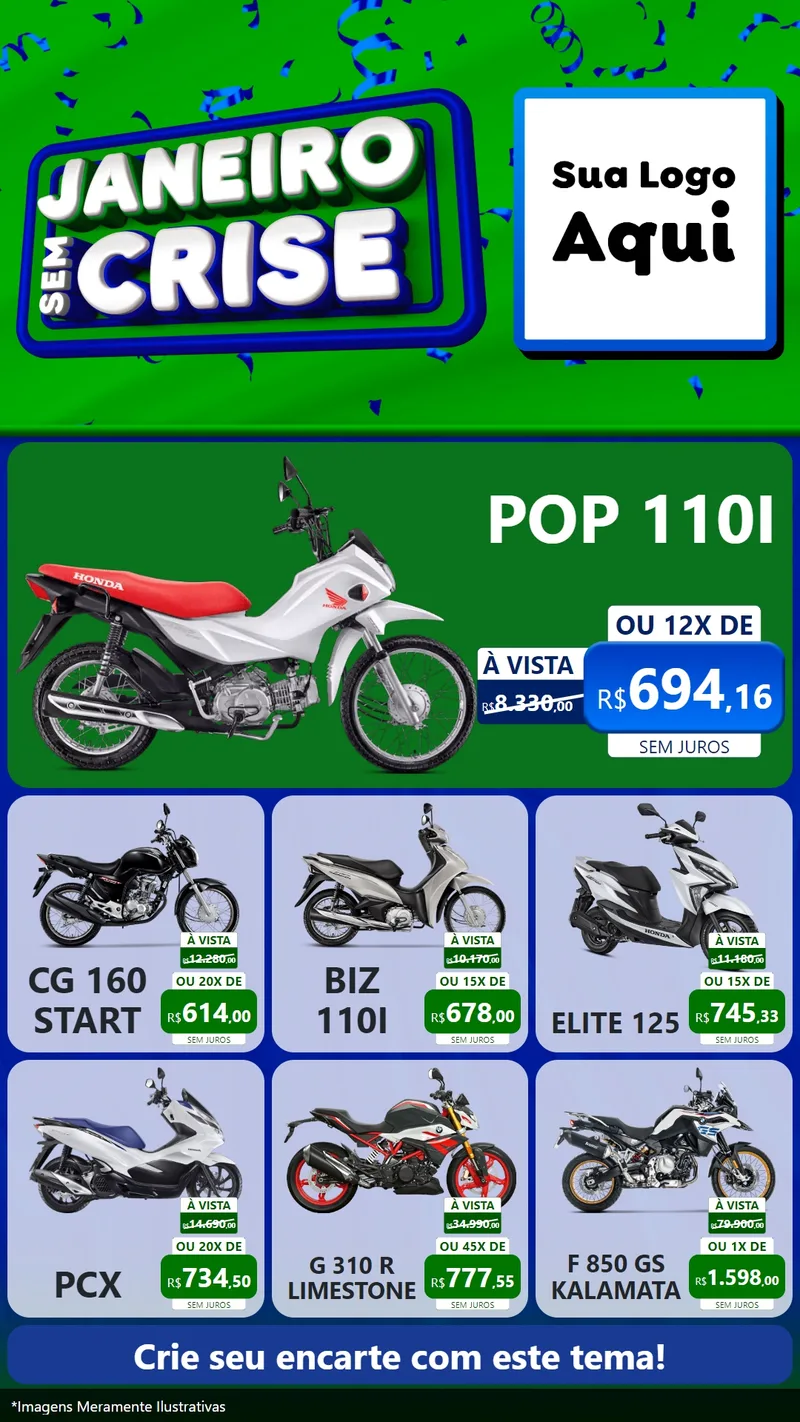Modelo de Rede Social para Stories com o tema Janeiro Sem Crise para Concessionaria de Motos