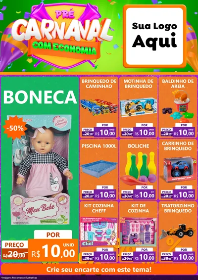 Modelo de Encarte para Encarte A4 Vertical com o tema Pré-Carnaval Com Economia para Brinquedos