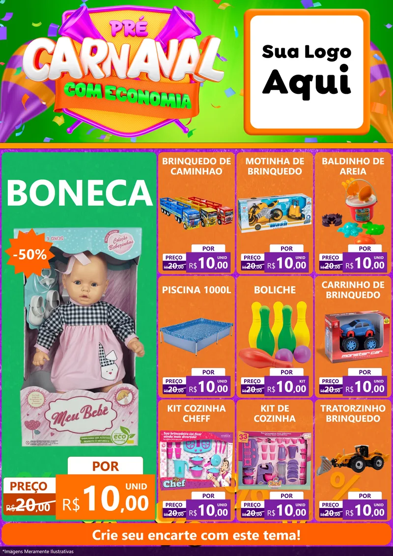 Modelo de Encarte para Encarte A4 Vertical com o tema Pré-Carnaval Com Economia para Brinquedos