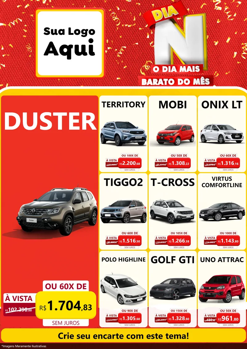Modelo de Encarte para Encarte A4 Vertical com o tema Dia N o Dia Mais Barato do Mês para Concessionaria de Carros