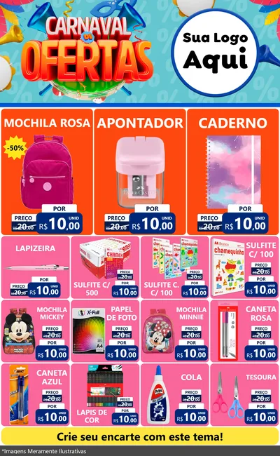 Modelo de Encarte para Encarte Grande com o tema Carnaval de Ofertas para Papelaria