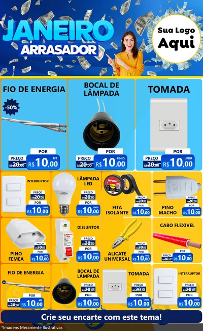 Modelo de Encarte para Encarte Grande com o tema Janeiro Arrasador para Materiais Elétricos
