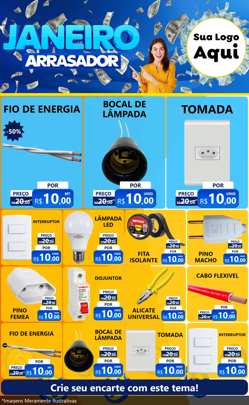 Modelo de Encarte para Encarte Grande com o tema Janeiro Arrasador para Materiais Elétricos