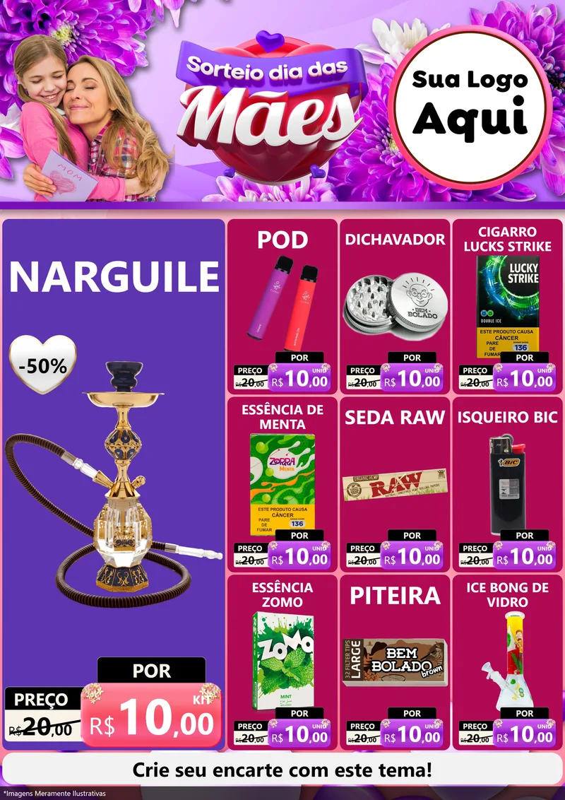 Modelo de Encarte para Encarte A4 Vertical com o tema Sorteio Dia das Mães para Tabacaria