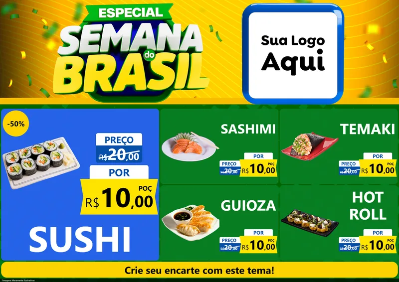 Modelo de Encarte para Encarte A4 Horizontal com o tema Especial Semana do Brasil para Comida japonesa