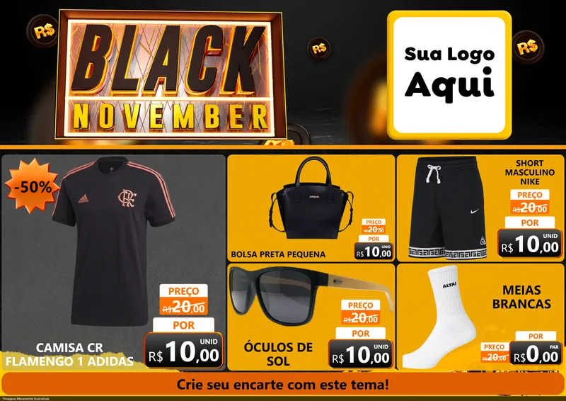 Modelo de Encarte para Encarte A4 Horizontal com o tema Black November para Roupas e acessórios