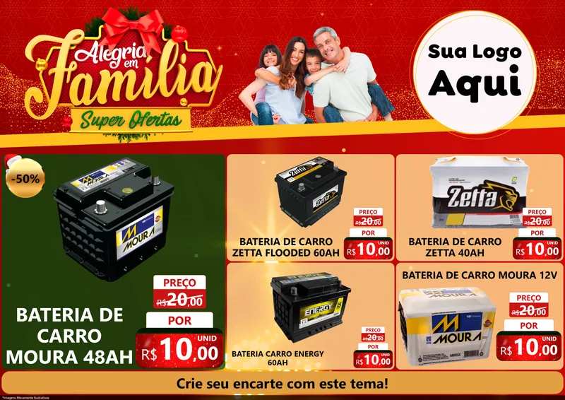 Modelo de Encarte para Encarte A4 Horizontal com o tema Alegria em Família Super Ofertas - Natal para Baterias Elétricas