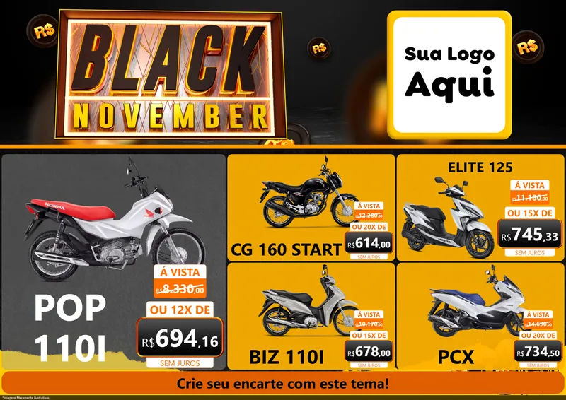 Modelo de Encarte para Encarte A4 Horizontal com o tema Black November para Concessionaria de Motos