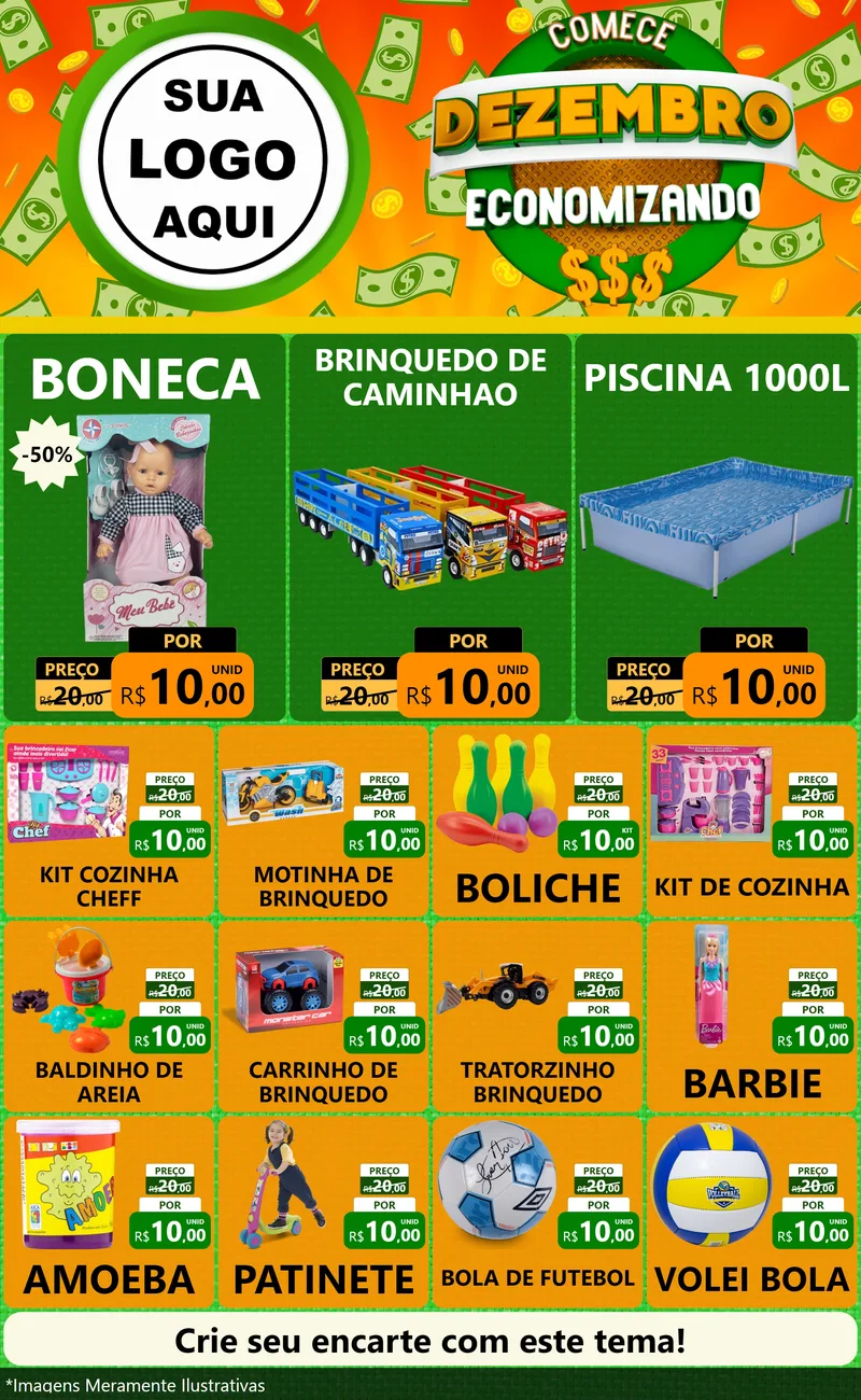 Modelo de Encarte para Encarte Grande com o tema Comece Dezembro Economizando para Brinquedos