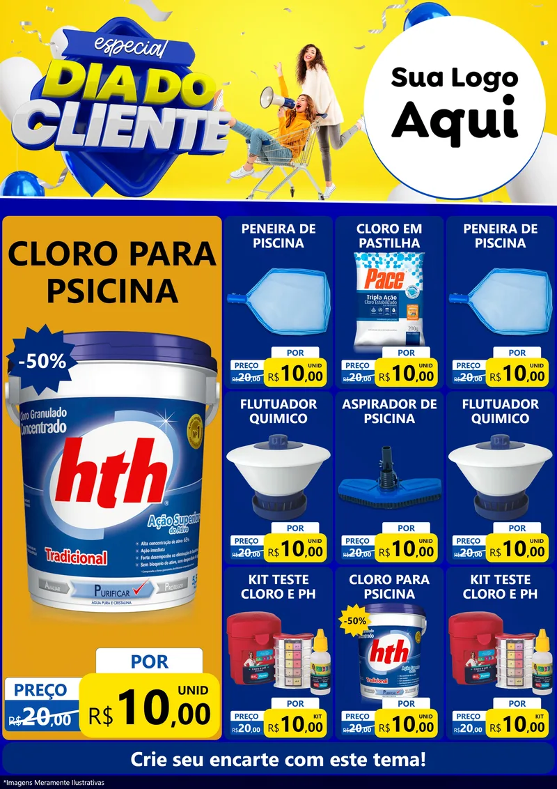 Modelo de Encarte para Encarte A4 Vertical com o tema Especial Dia do Cliente para Produtos para Piscina