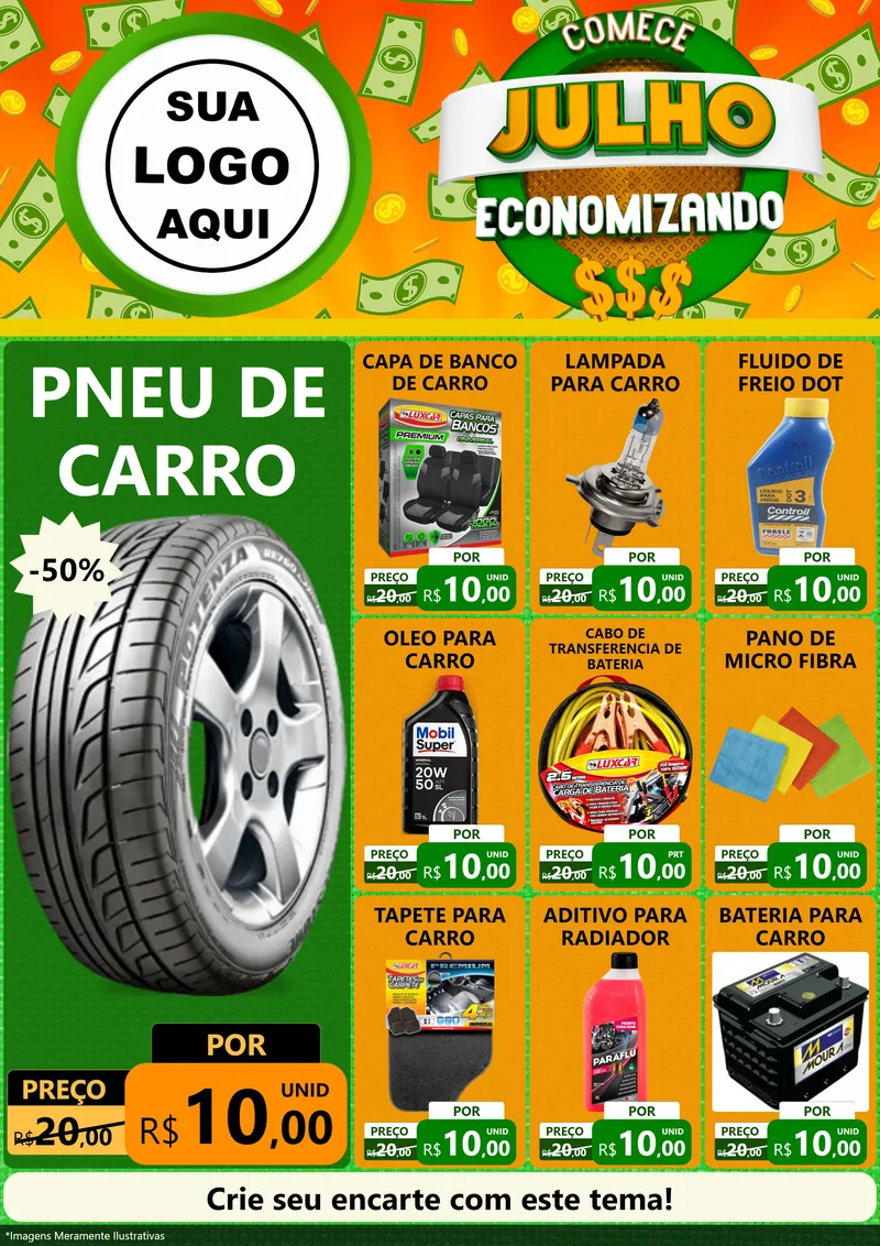 Modelo de Encarte para Encarte A4 Vertical com o tema Comece Julho Economizando para Auto peças