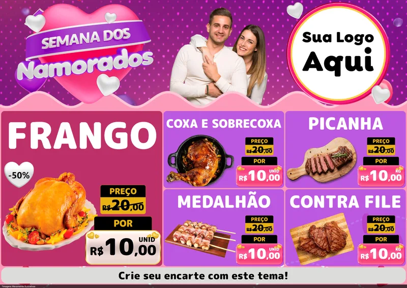 Modelo de Encarte para Encarte A4 Horizontal com o tema Semana dos Namorados para Assados