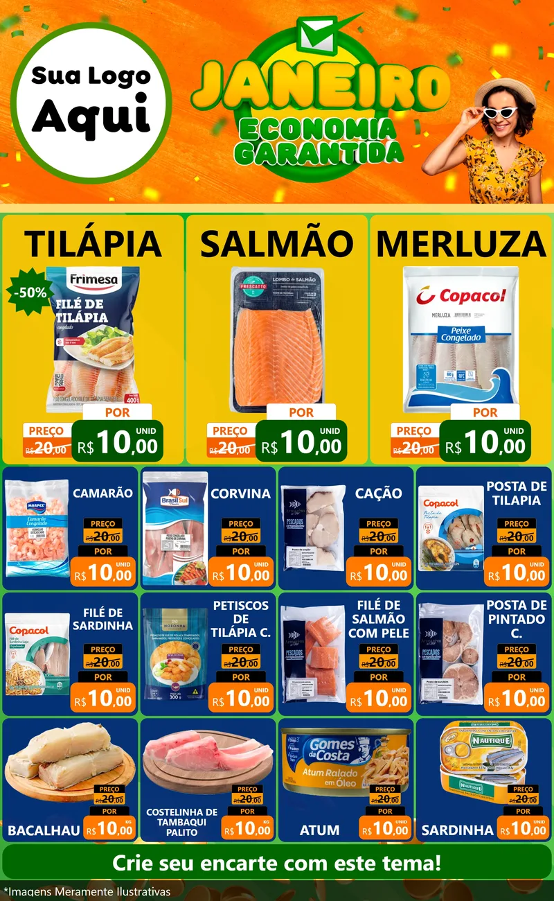 Modelo de Encarte para Encarte Grande com o tema Janeiro - Economia Garantida para Peixaria