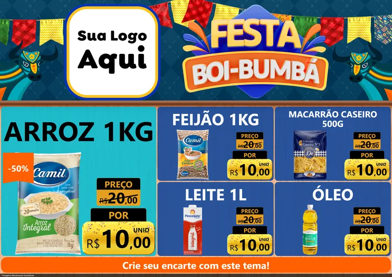 Modelo de Encarte para Encarte A4 Horizontal com o tema Festa Boi Bumbá para Supermercado