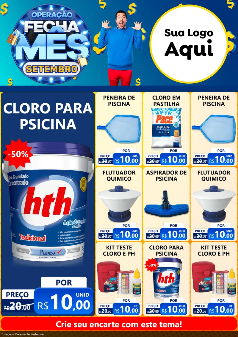 Modelo de Encarte para Encarte A4 Vertical com o tema Operação Fecha Mês Setembro para Produtos para Piscina