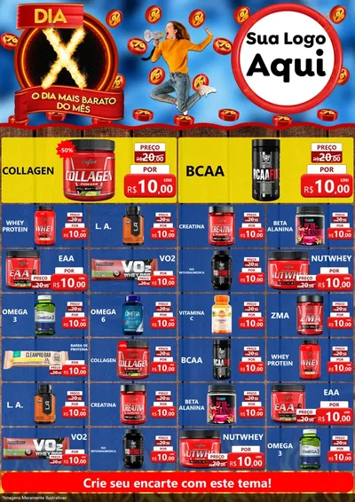 Modelo de Encarte para Encarte A4 Vertical com o tema Dia X - O Dia Mais Barato Do Mês para Suplementos alimentares