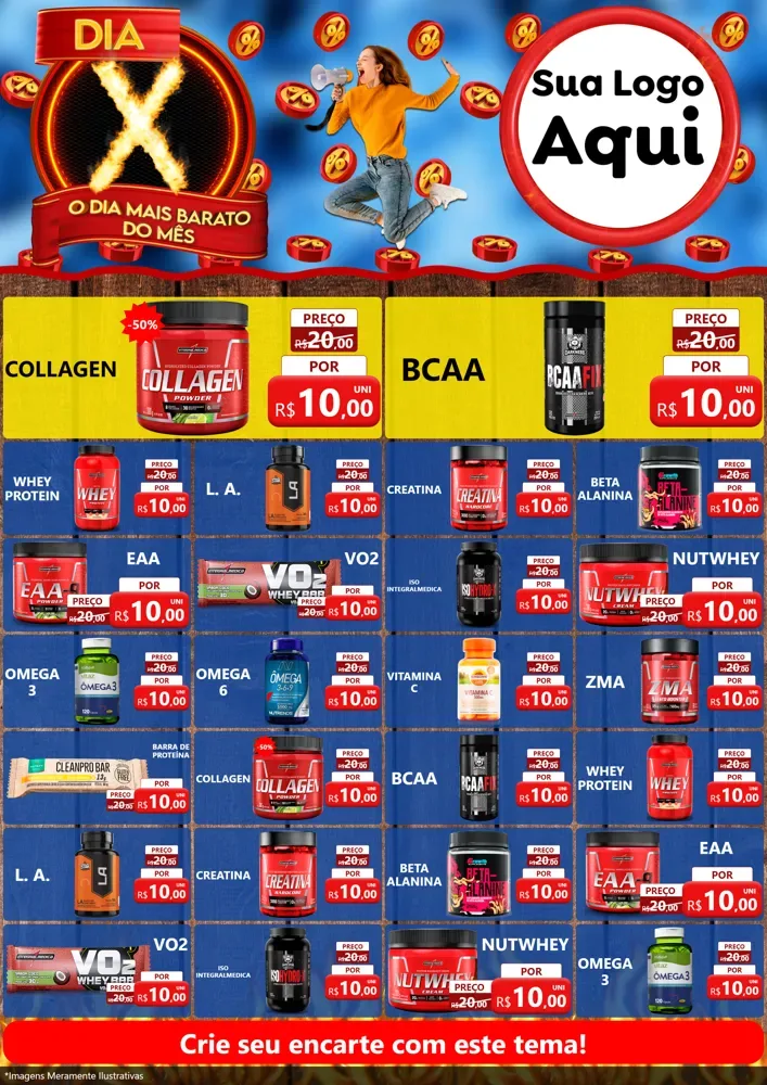 Modelo de Encarte para Encarte A4 Vertical com o tema Dia X - O Dia Mais Barato Do Mês para Suplementos alimentares