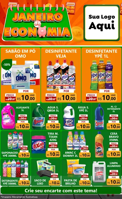 Modelo de Encarte para Encarte Grande com o tema Janeiro da Economia para Produtos de Limpeza