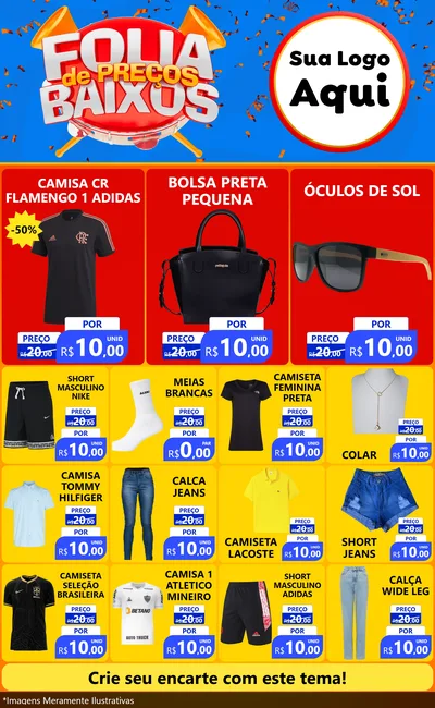 Modelo de Encarte para Encarte Grande com o tema Folia de Preços Baixos para Roupas e acessórios