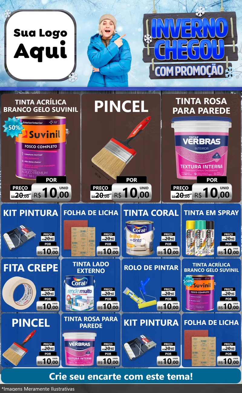 Modelo de Encarte para Encarte Grande com o tema Inverno Chegou Com Promoção para Tintas e Ferramentas