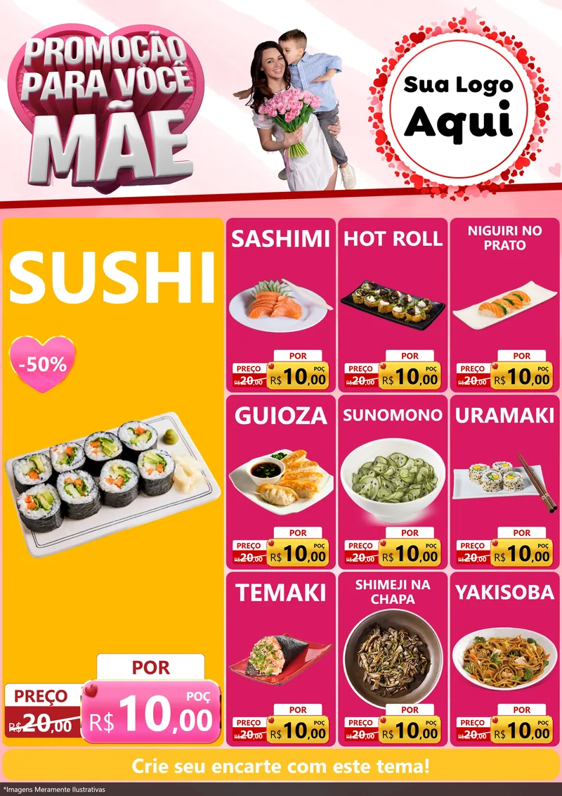Modelo de Encarte para Encarte A4 Vertical com o tema Promoção Para Você Mãe para Comida japonesa