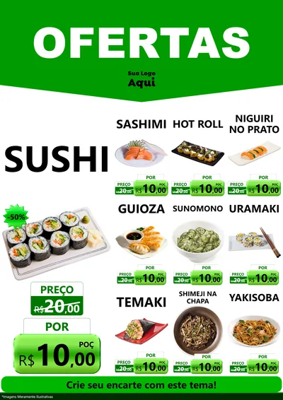 Modelo de Encarte para Encarte A4 Vertical com o tema Ofertas Verde Cartaz para Comida japonesa