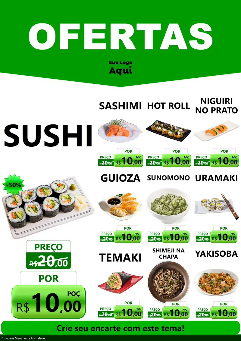 Modelo de Encarte para Encarte A4 Vertical com o tema Ofertas Verde Cartaz para Comida japonesa