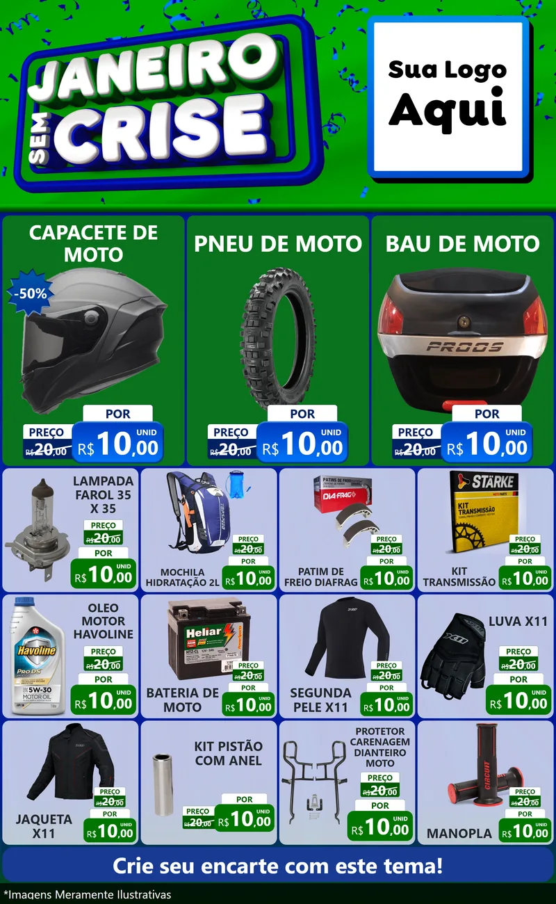 Modelo de Encarte para Encarte Grande com o tema Janeiro Sem Crise para Moto peças