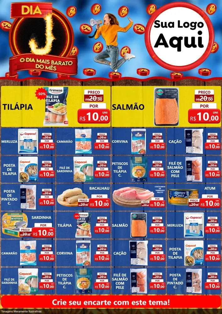 Modelo de Encarte para Encarte A4 Vertical com o tema Dia J - O Dia Mais Barato Do Mês para Peixaria