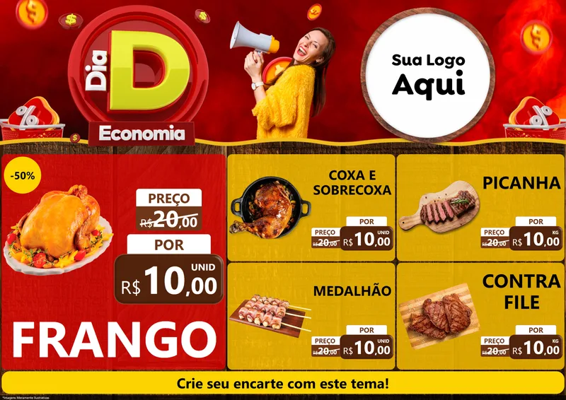 Modelo de Encarte para Encarte A4 Horizontal com o tema Dia D Economia para Assados