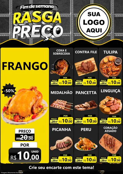 Modelo de Encarte para Encarte A4 Vertical com o tema Fim de Semana Rasga Preço para Assados