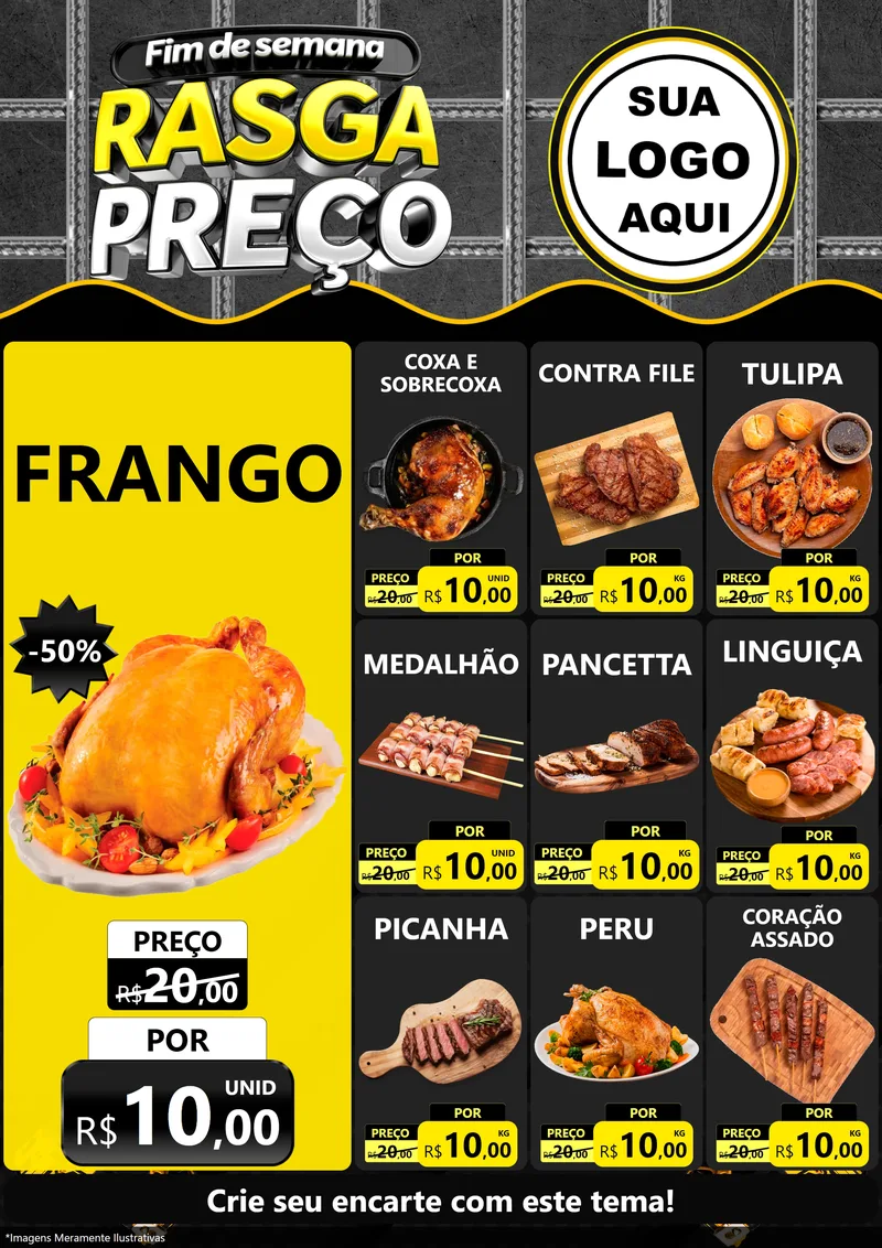 Modelo de Encarte para Encarte A4 Vertical com o tema Fim de Semana Rasga Preço para Assados