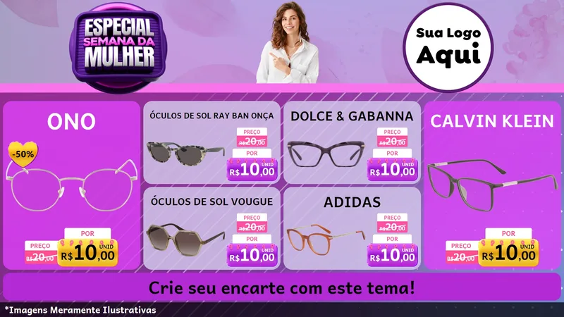 Modelo de TV para TV Horizontal com o tema Especial Semana da Mulher para Óticas