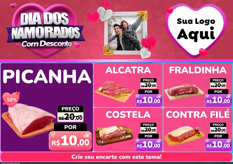 Modelo de Encarte para Encarte A4 Horizontal com o tema Dia Dos Namorados Com Desconto para Açougue