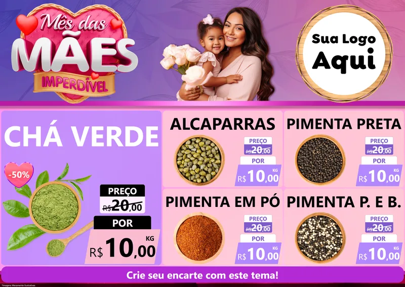 Modelo de Encarte para Encarte A4 Horizontal com o tema Mês das Mães Imperdível para Produtos Naturais