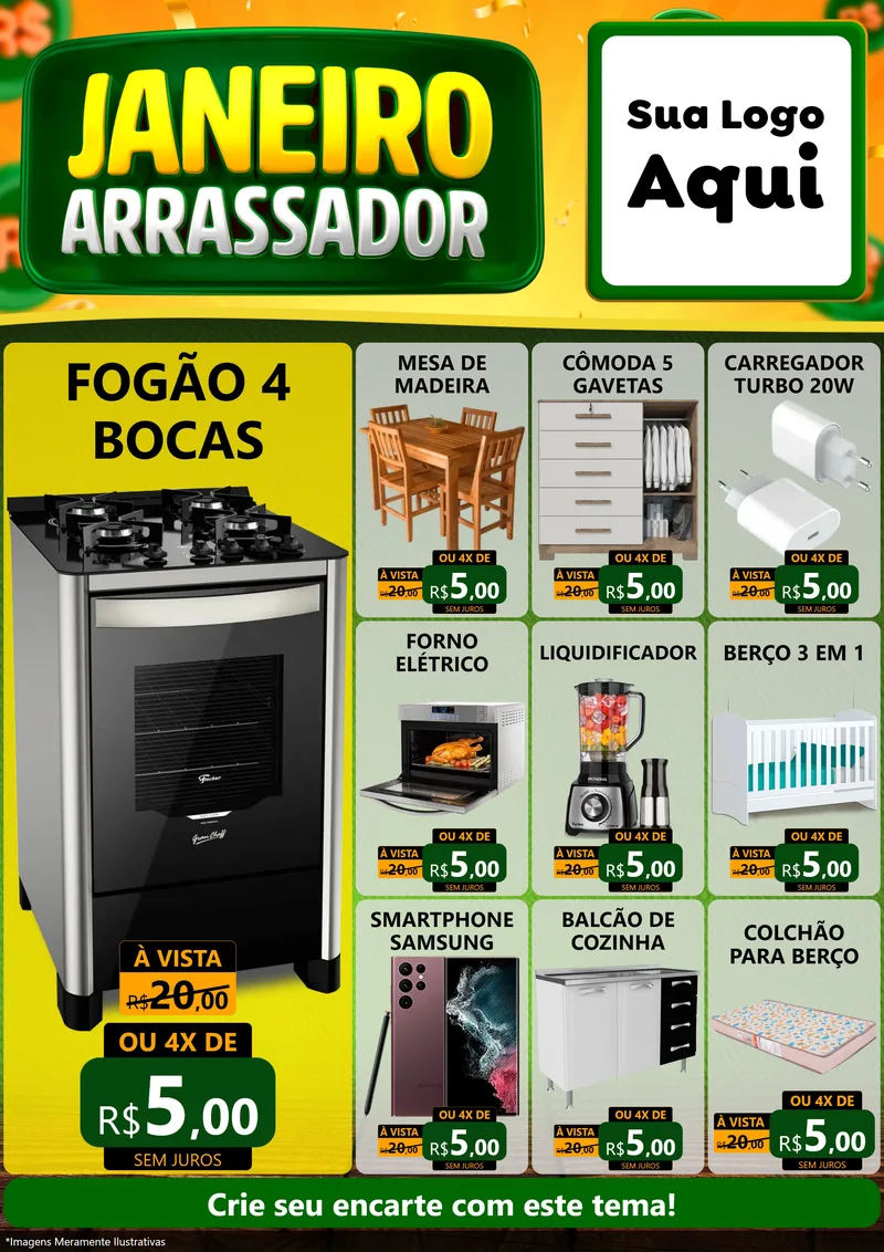 Modelo de Encarte para Encarte A4 Vertical com o tema Janeiro Arrasador para Móveis e Eletro